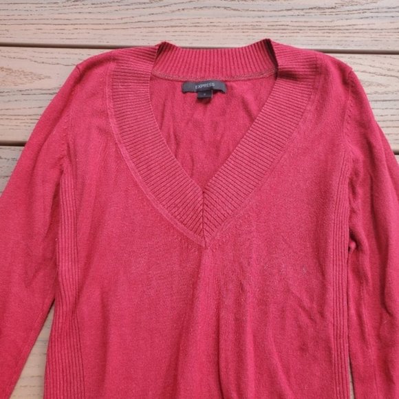 Express Scarlet Red Sweater V Neck Balloon Sleeve Stretch Preppy Casual Work S - Picture 5 of 5